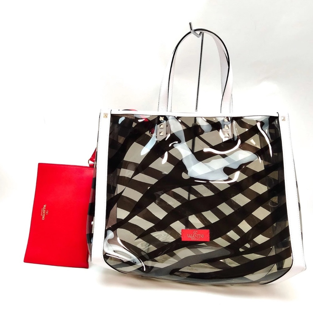 PRISTINE Valentino Garavani Clear PVC Black & White Zebra-StripeTote w/Red Pouch